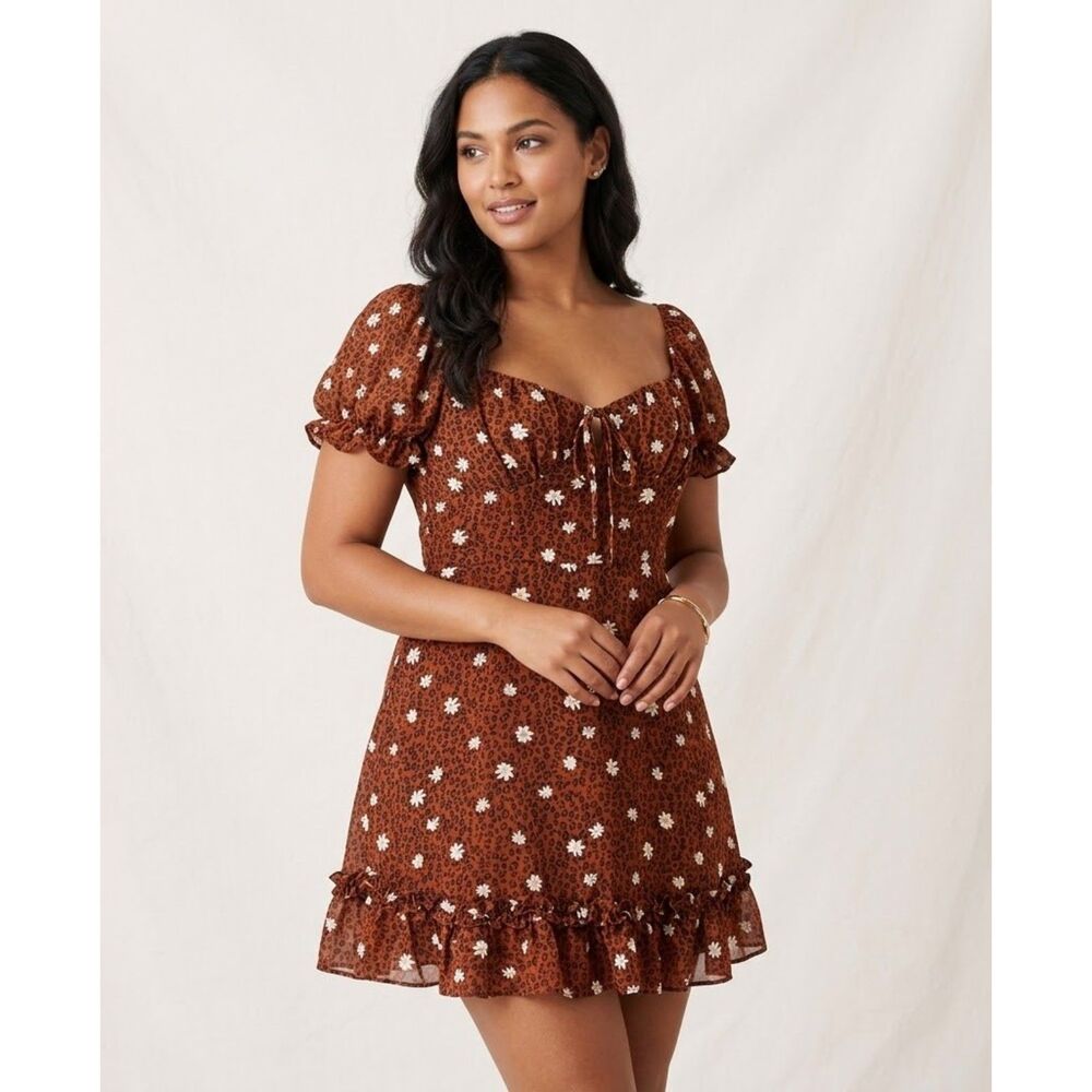 B SMART Lined Mini Dress Size 11 Floral Print Brown w/White Flowers Short Sleeve